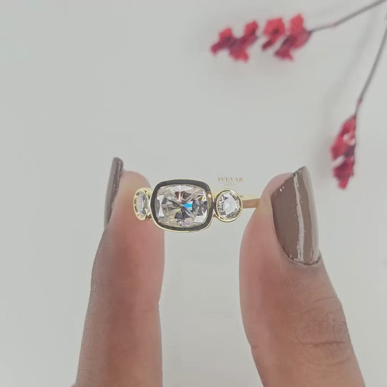 Bezel Setting Three Stone Cushion Ring video