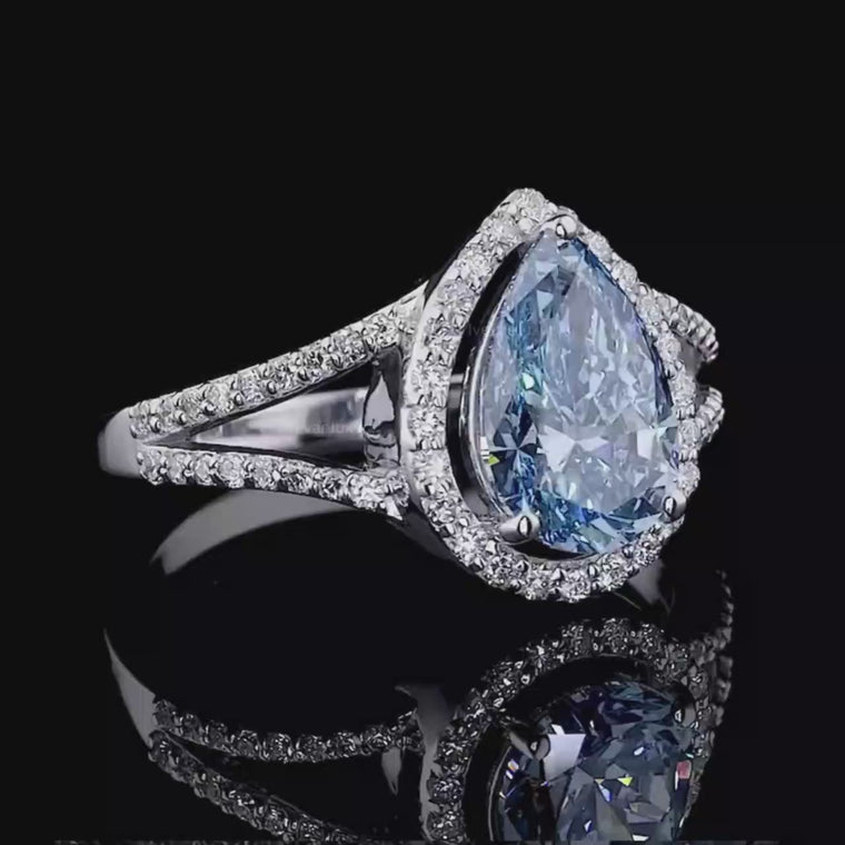 Fancy Vivid Blue Pear Halo Ring With Split Pave Band video