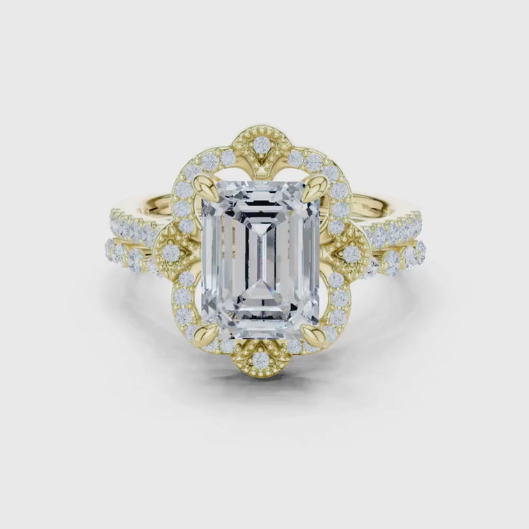Vintage Inspired Emerald Cut Ring Scalloped Halo video