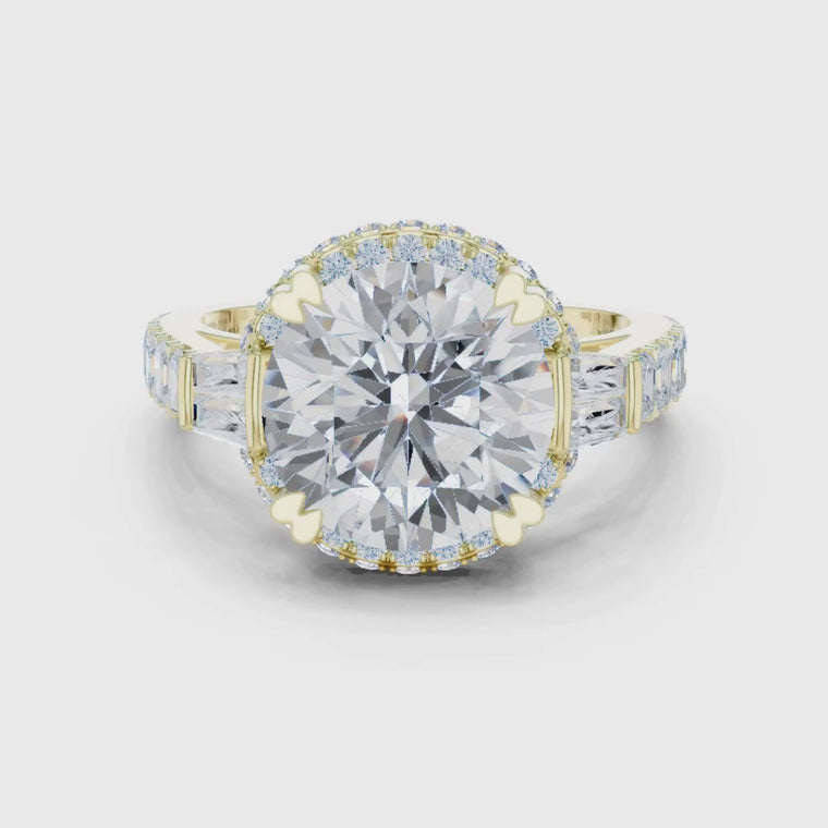 Halo Round Cut Ring with Tapered Baguette Side Stones video