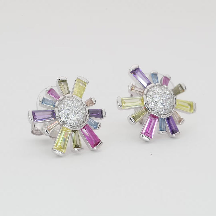 Sunburst Flower Rainbow Baguette Diamond Stud Earrings video