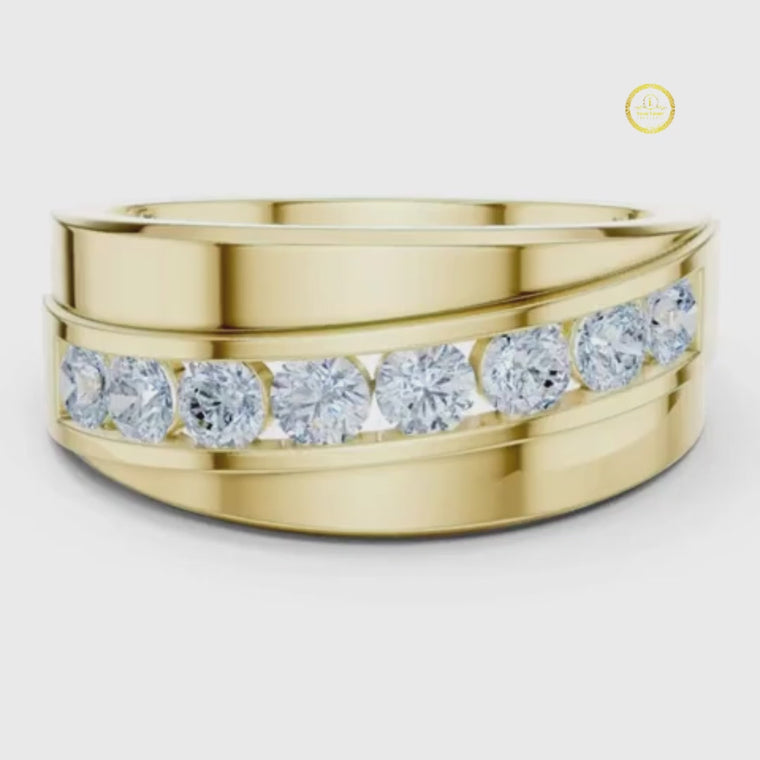 Round Cut Men's Curved Swirl Channel Set Gold Band video