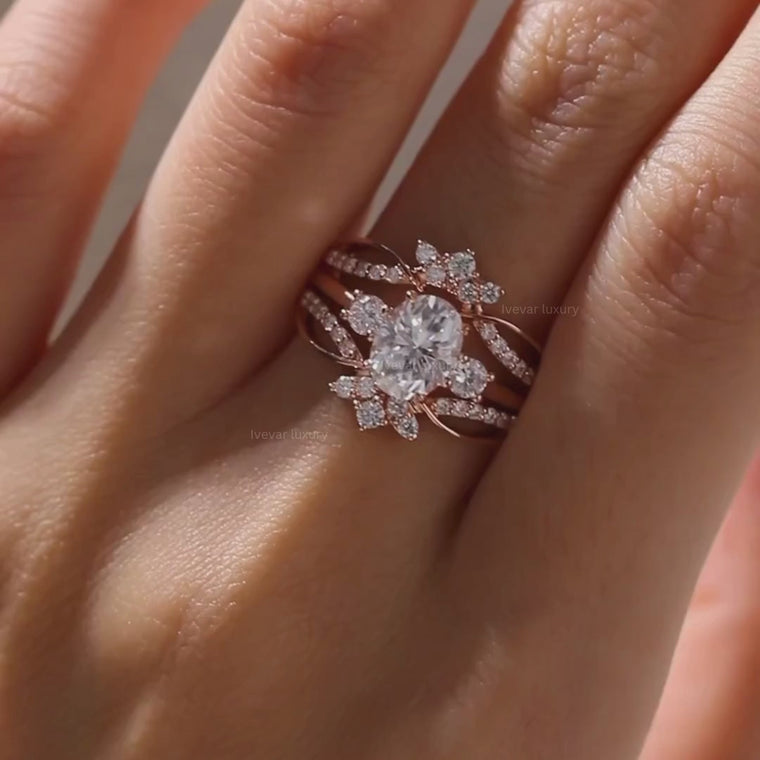 Oval Floral Bridal Ring Set With Side Twisted Band video