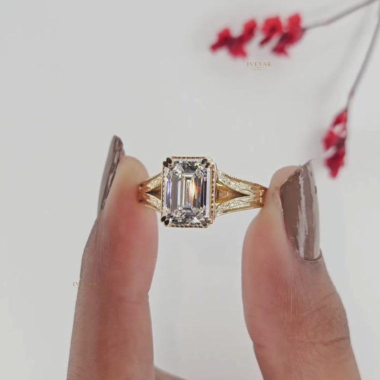 Emerald Cut Vintage Engraved Ring video