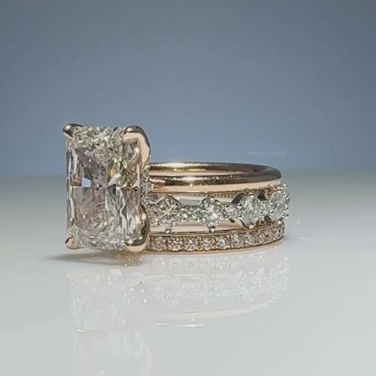 Radiant Cut Bridal Ring Set With Double Pave Bands video