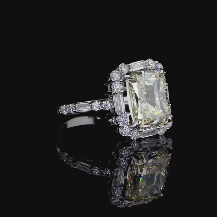 Fancy Intense Radiant Cut Halo Ring With Baguette Side Stones video