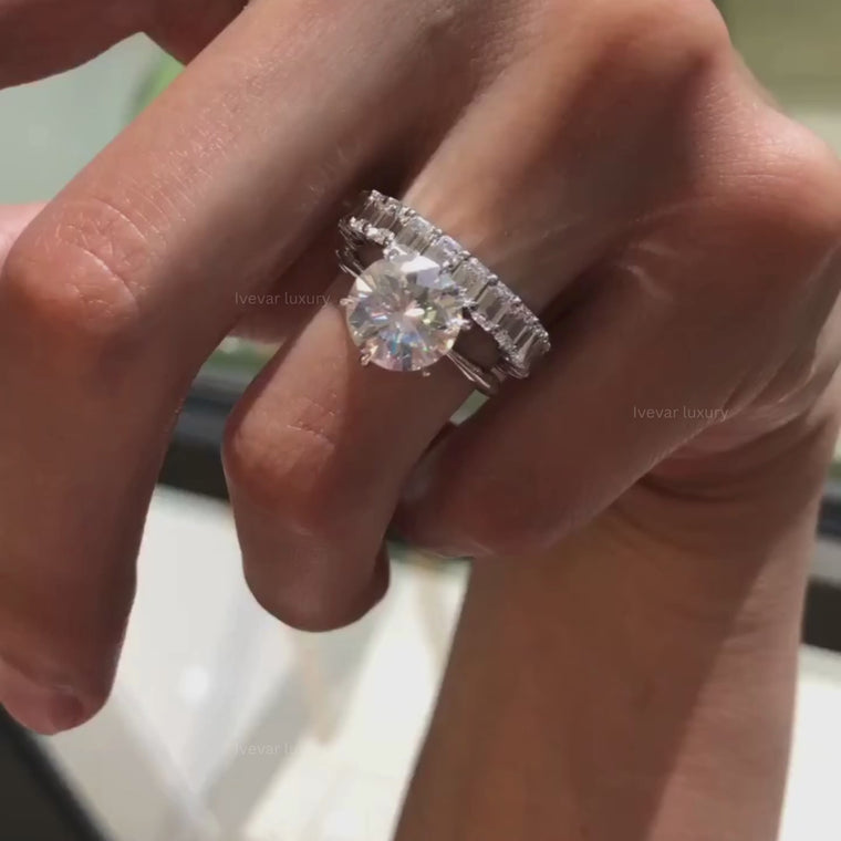 Round Cut Women's Baguette Accent Matching Eternity Band Set video
