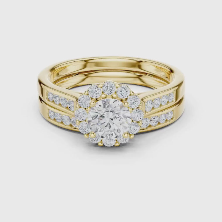 Round Cut Halo Bridal Ring Set with Pavé Bands video