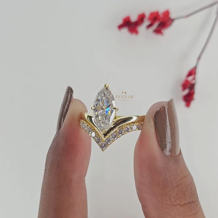 Marquise Cut Pave Chevron Band Bridal Ring Set video