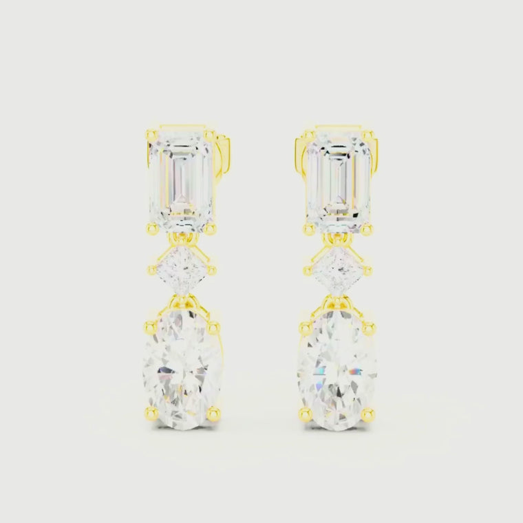 Three Stone Emerald Princess & Oval Linear Drop Earrings video