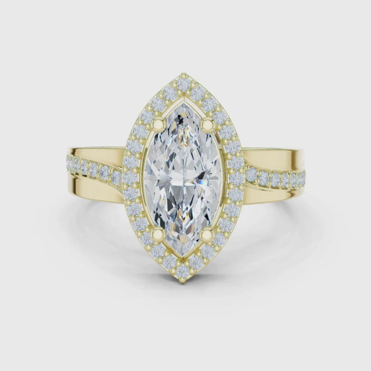 Marquise Cut Diamond Halo Ring Lab Diamond with Split Shank video