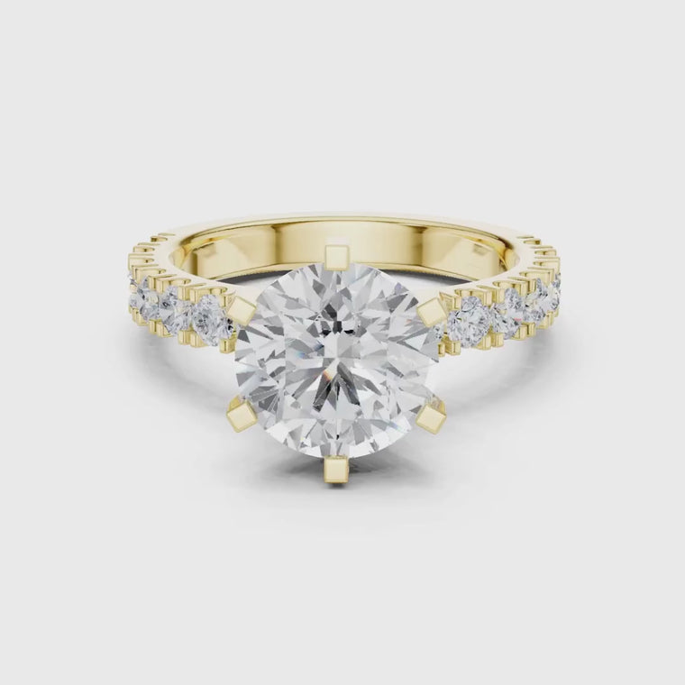 Round Cut Lab Diamond Six Prong Pave Solitaire Engagement Ring video