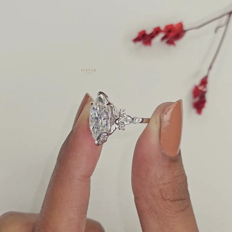 Marquise Cut Engagement Ring with Floral Leaf Accents video