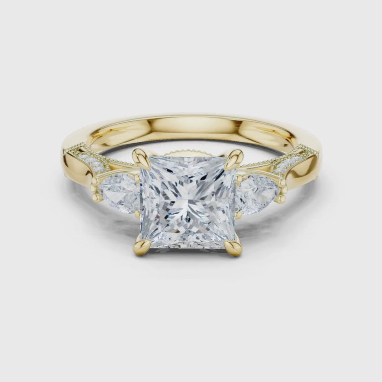 Princess Three Stone Filigree Cathedral Ring video