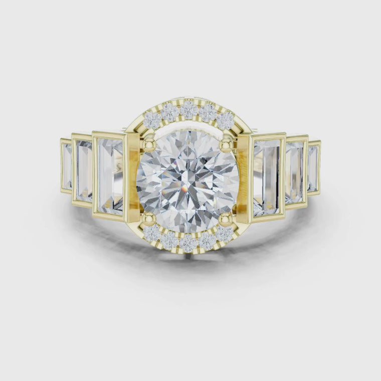 Round Halo Ring with Tapered Baguette Side Stones video