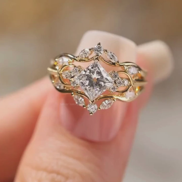 Princess Cut Vine Engagement Ring with Leaf Accents video