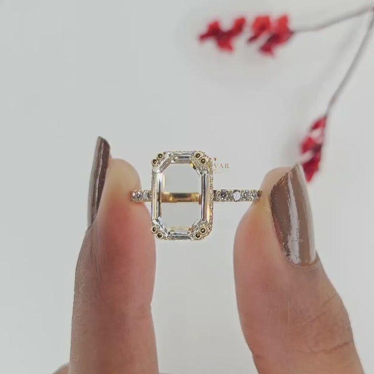 Emerald Portrait Cut Hidden Halo Pave Ring video