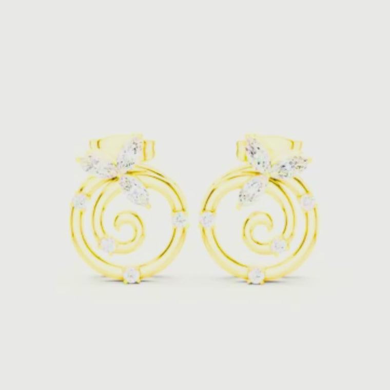 Marquise Cut Lab Diamond Spiral Earrings with Round Leaf Accents video