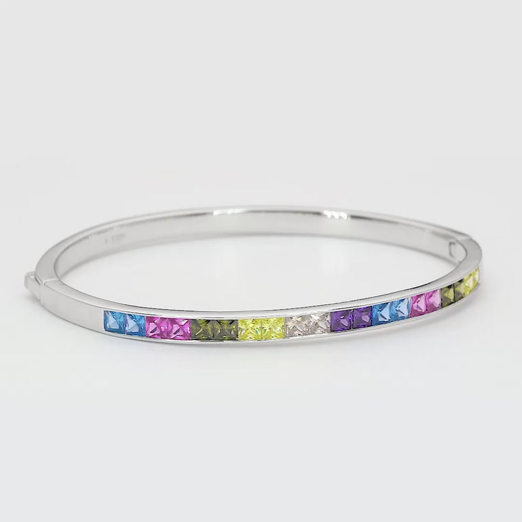Rainbow Princess Cut Sapphire Tennis Bangle Bracelet video