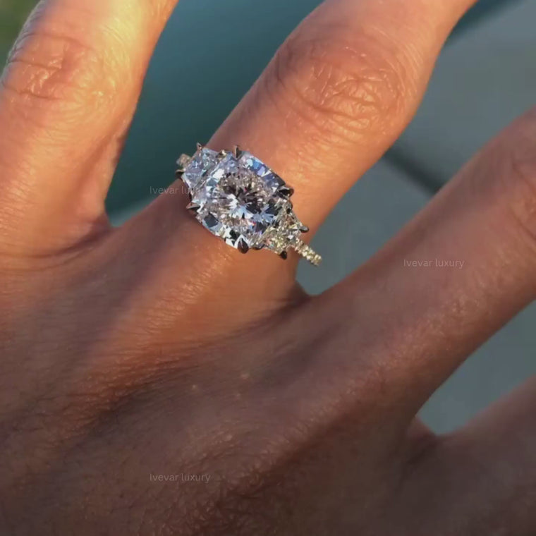 Cushion Cut Moissanite Trapezoid Three Stone Engagement Ring video