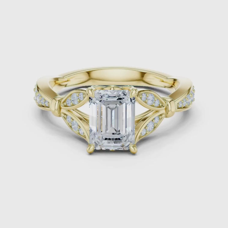 Emerald Cut Ring with Intricate Leaf Motif Band video