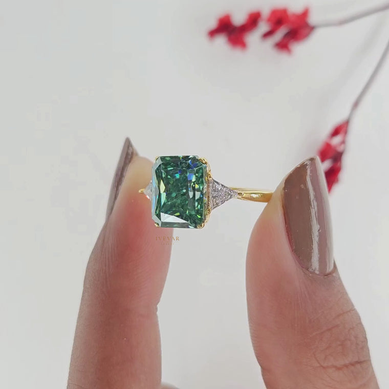 Radiant Green Cut Lab Diamond Three Stone Engagement Ring video