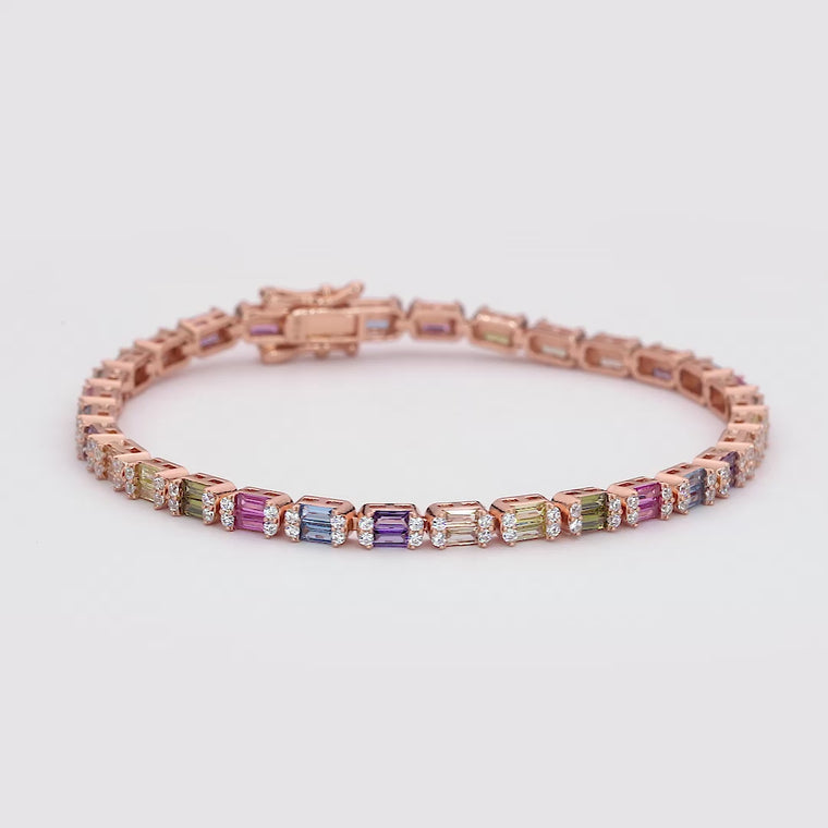 Rainbow Emerald Cut East-West Gemstone Halo Tennis Bracelet video