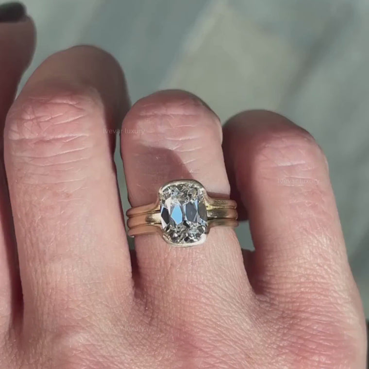 Old Mine Cushion Cut Bezel Engagement Ring With Triple Band video