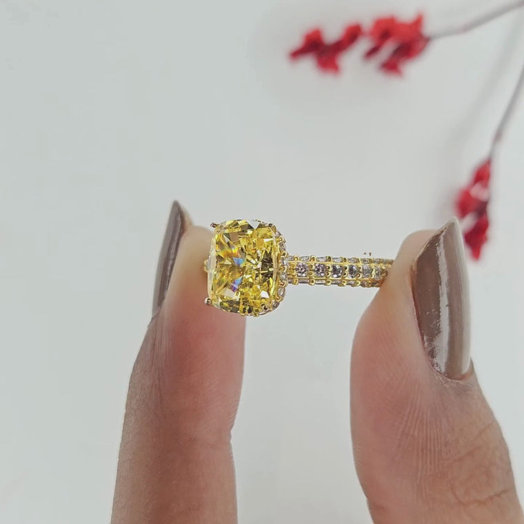 Yellow Radiant Cut Hidden Halo with Pave Band Ring video