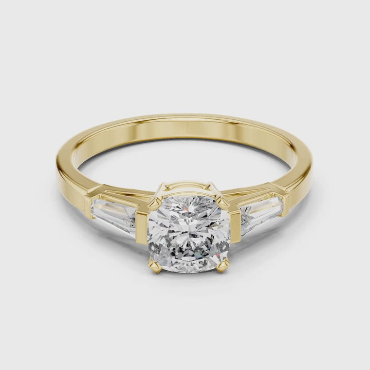 Cushion Cut Lab Diamond Three Stone Ring with Baguette Sides video