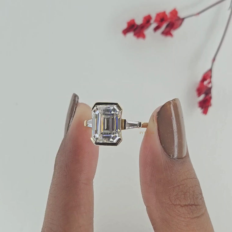 Emerald Cut Half Bezel Set Three Stone Engagement Ring video