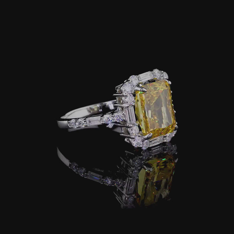 Fancy Vivid Yellow Radiant Halo Ring with Pave Band video