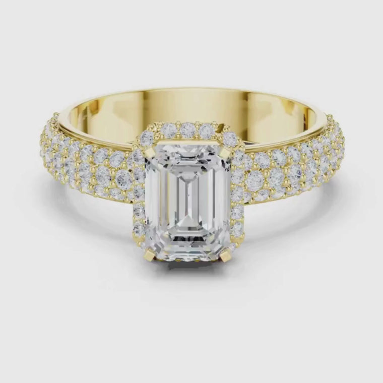 Emerald Cut Hidden Halo Ring with Wide Pave Band video