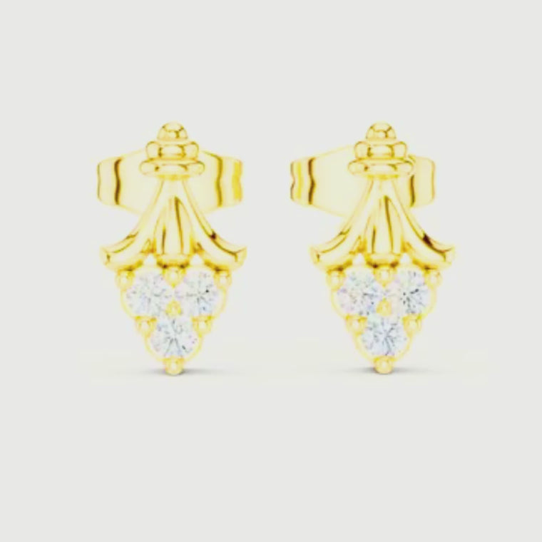 Vintage Scroll Triple Round Lab Diamond Crown Motif Stud Earrings video