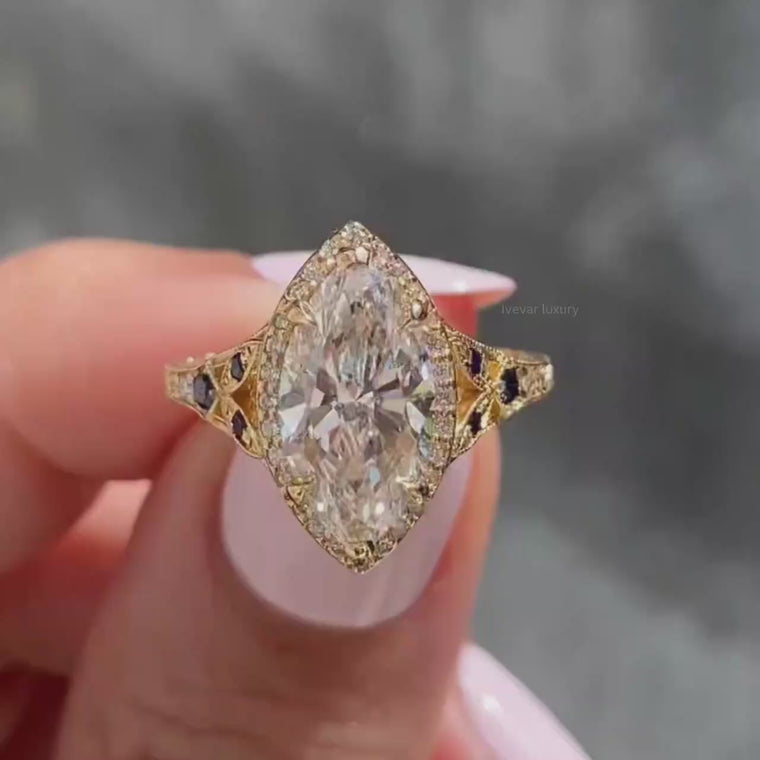 Dutch Marquise Halo Wedding Ring With Side Stones video