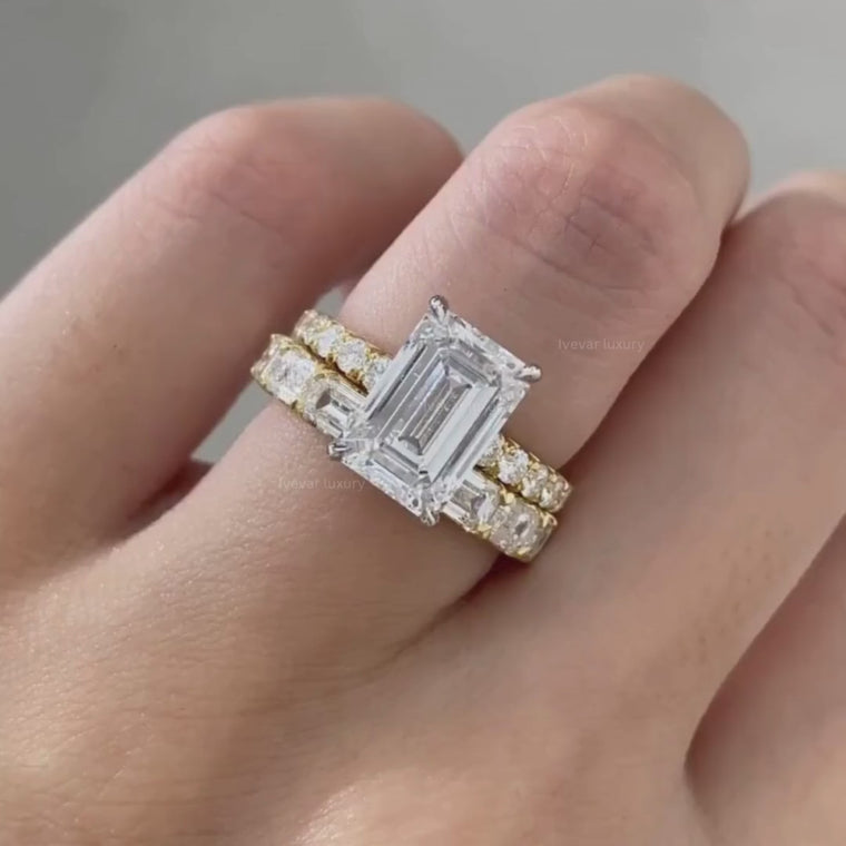Emerald Cut Bridal Ring Set with Pave Band video