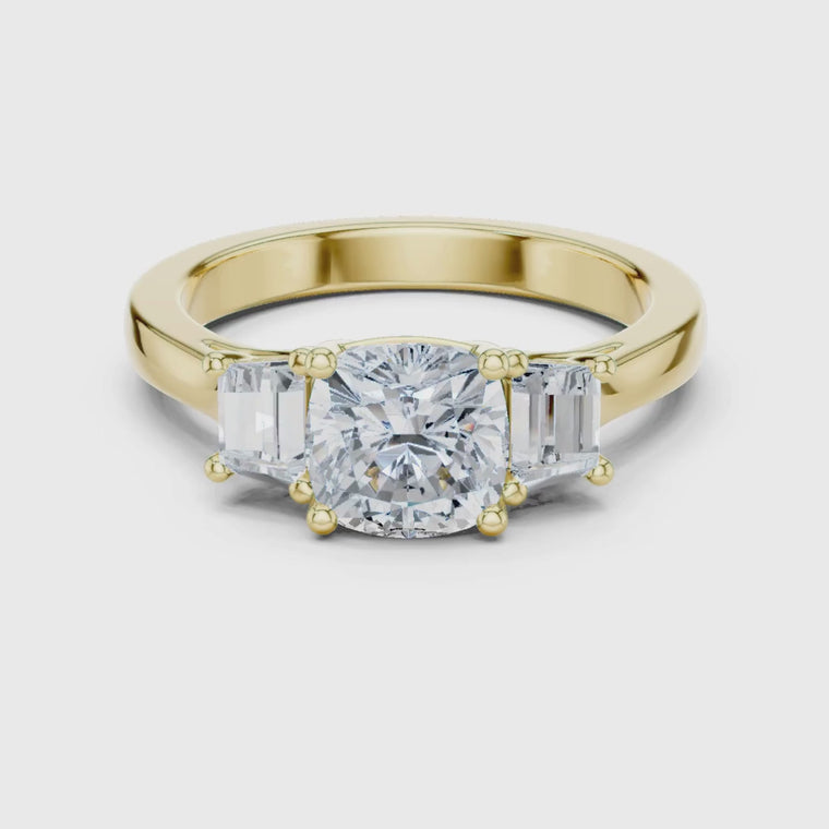 Cushion Three Stone Ring With Tapered Side Stone video