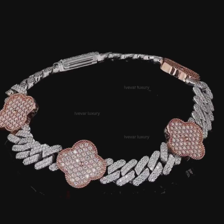 Two Tone Clover Cuban Link Lab Grown Diamond Bracelet video