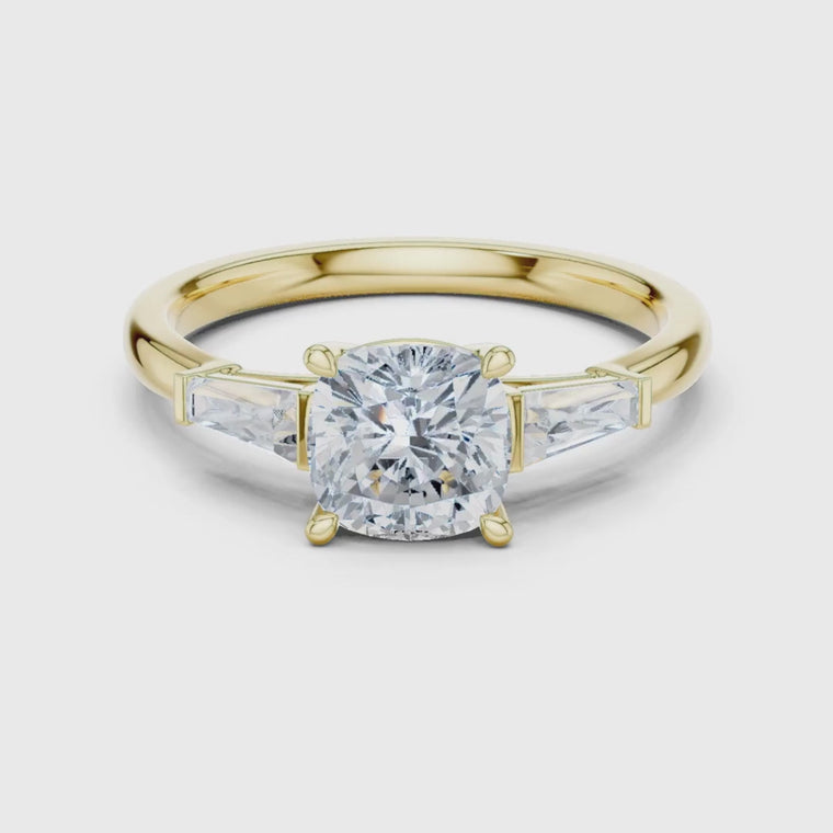 Cushion Cut Three Stone Engagement Ring with Baguette Accents video