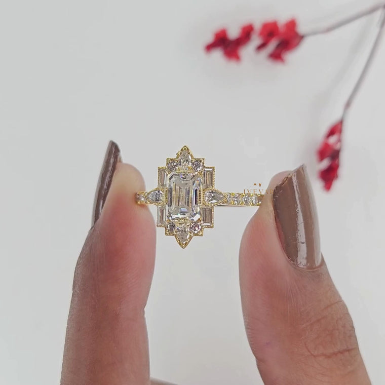 Emerald Cut Halo Baguette Engagement Ring video
