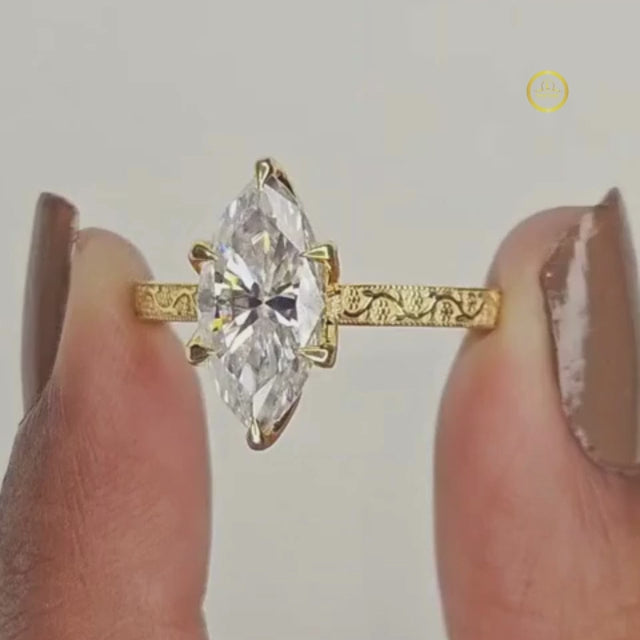 Marquise Cut Lab Diamond Ring with Engraved Gold Band video