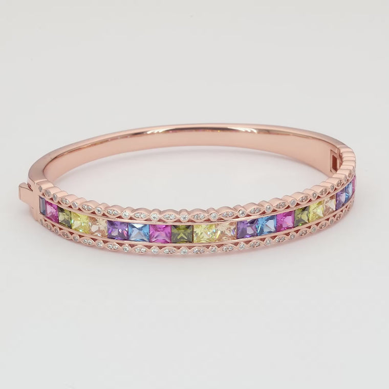 Natural Inspire Princess Cut Gemstone Scalloped Halo Hinged Bangle video