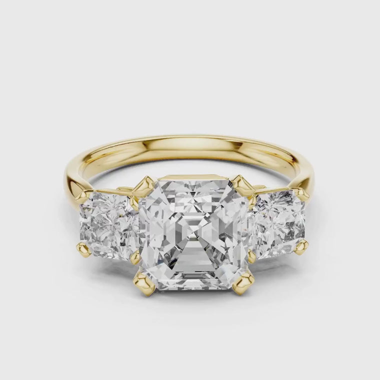 Asscher Cut Three Stone Ring with Radiant Side Stones video
