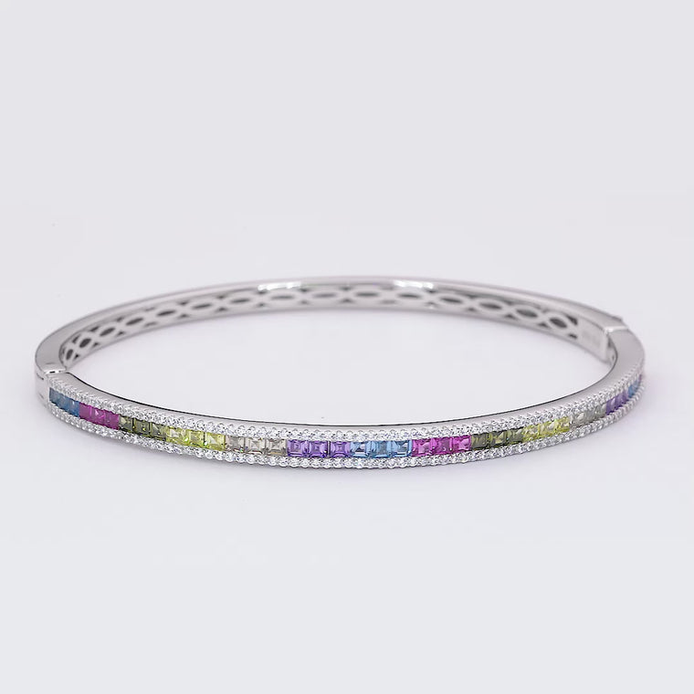 Rainbow Baguette Gemstone Halo Tennis Bracelet video