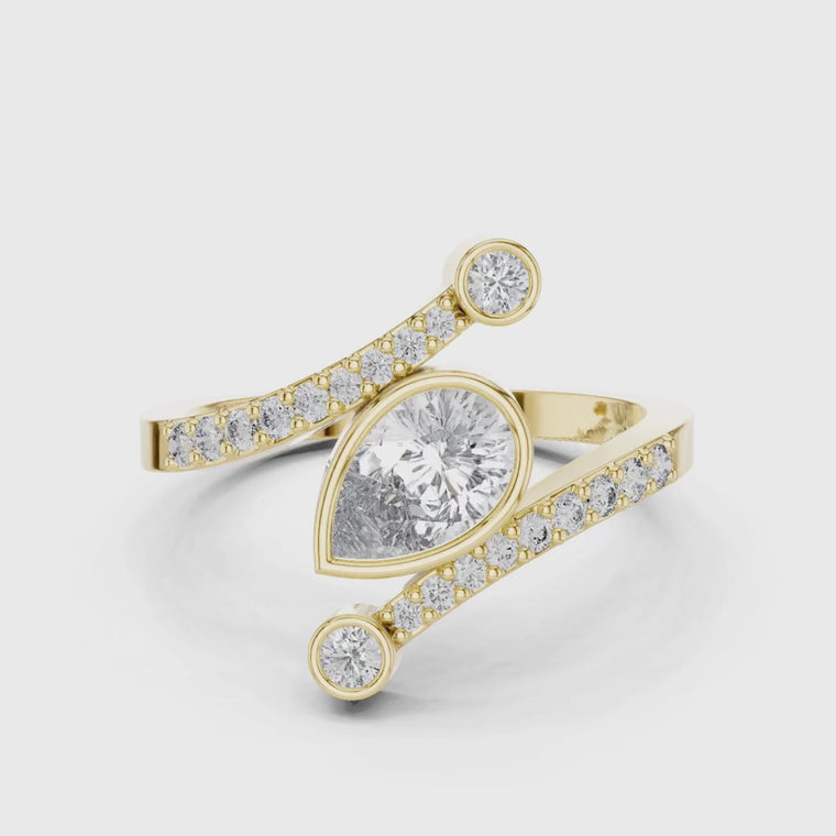 Bezel Set Pear Cut Bypass Pave Engagement Ring video
