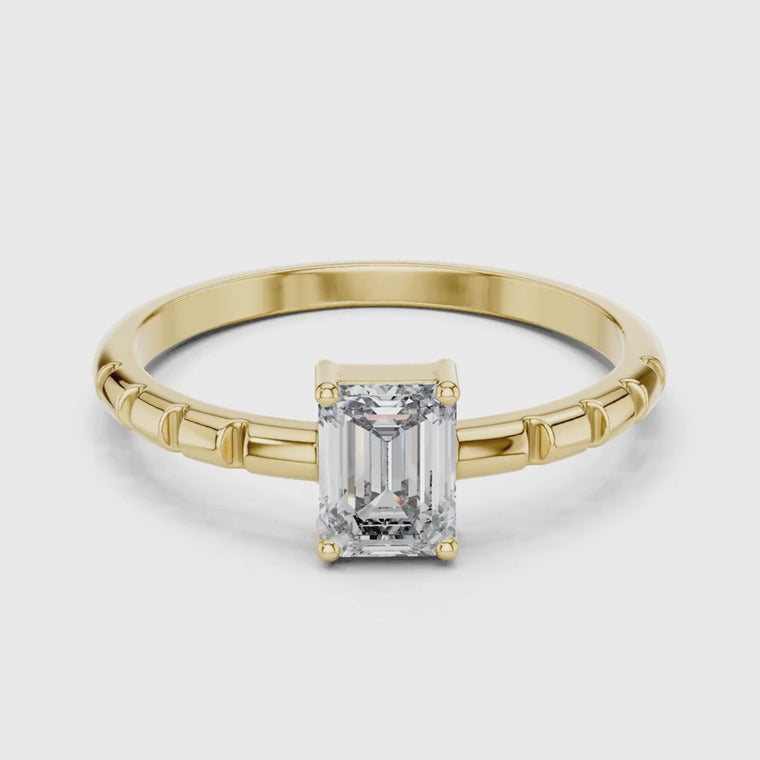 Emerald Cut Lab Diamond Bamboo Shoulder Solitaire Engagement Ring video