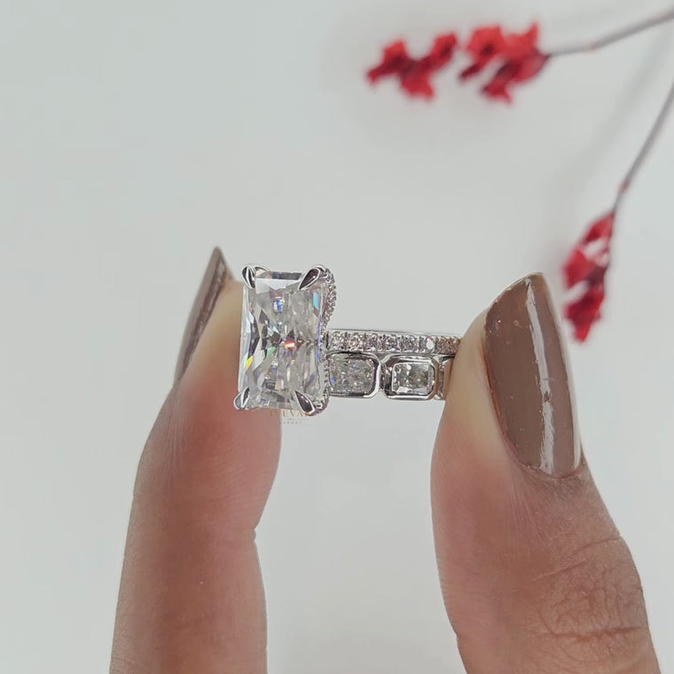 Radiant Cut Bridal Ring Set with Hidden Halo and Accent Elegance video