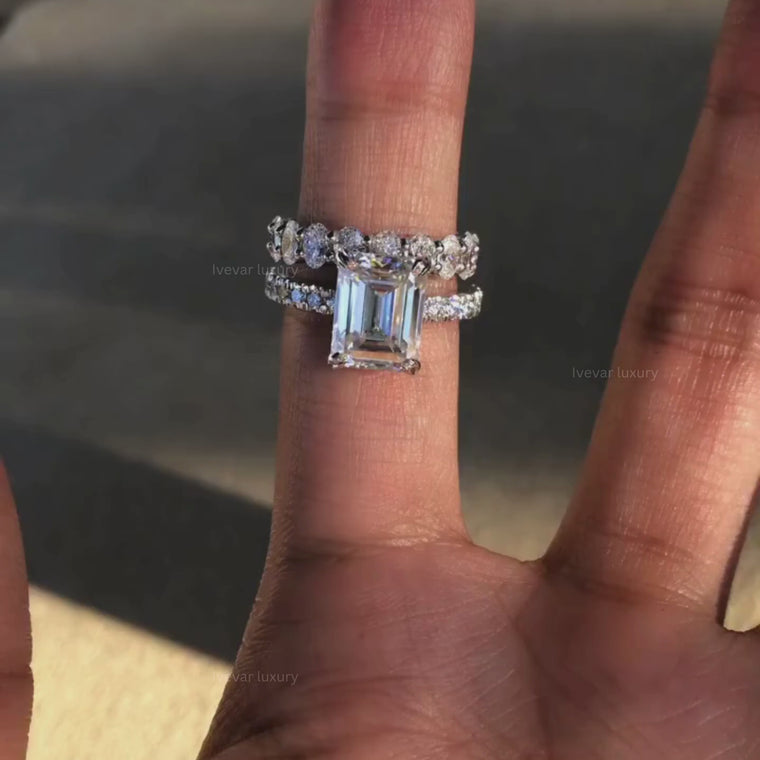 Emerald Cut Women's Double Claw Eternity Bridal Set video