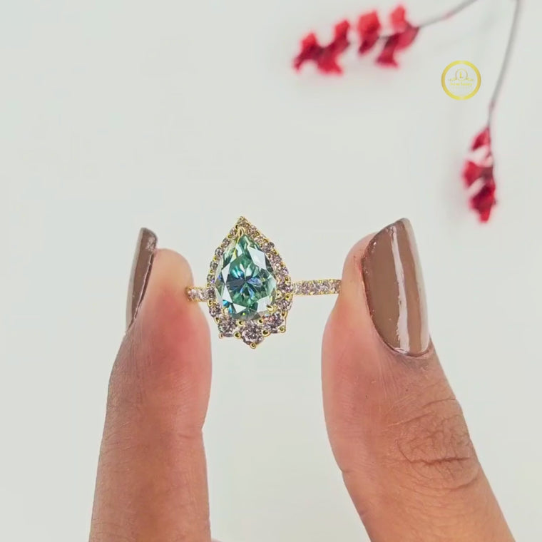 Green Pear Cut Halo Ring with Pave Band video
