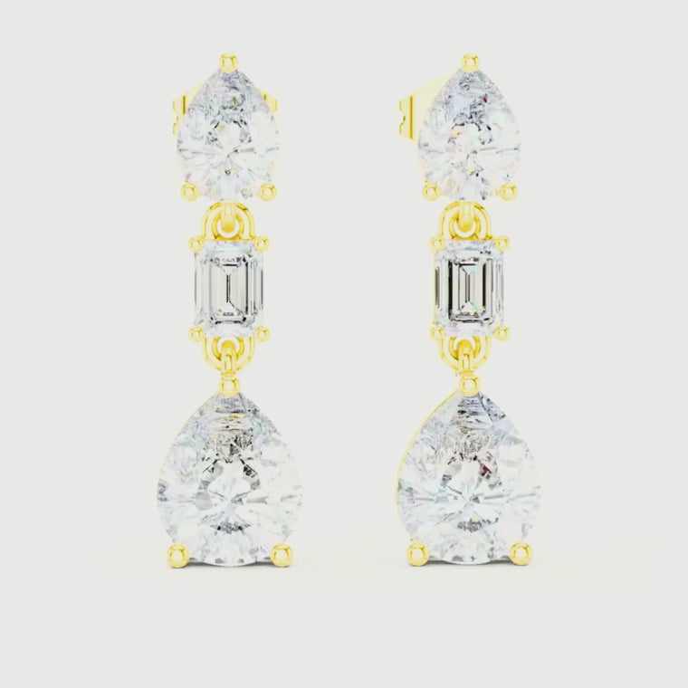 Three Stone Pear & Emerald Cut Drop Stud Earrings video